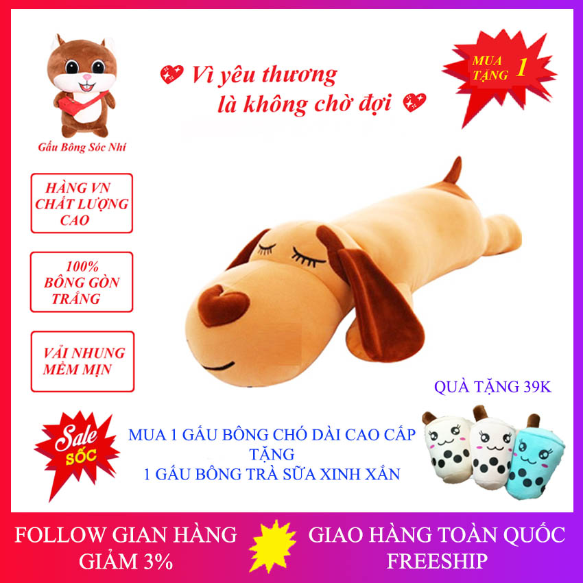 [Mua 1 Tặng 1] Gấu Bông Gối Ôm Chó Dài Cao Cấp - Gấu Bông Sóc Nhí 07 -  Gấu Bông Cao Cấp Vải Nhung Co Giãn 4 Chiều - Mua 1 Gấu Bông Chó Dài Tặng 1 Gấu Bông Trà Sữa Xinh Xắn