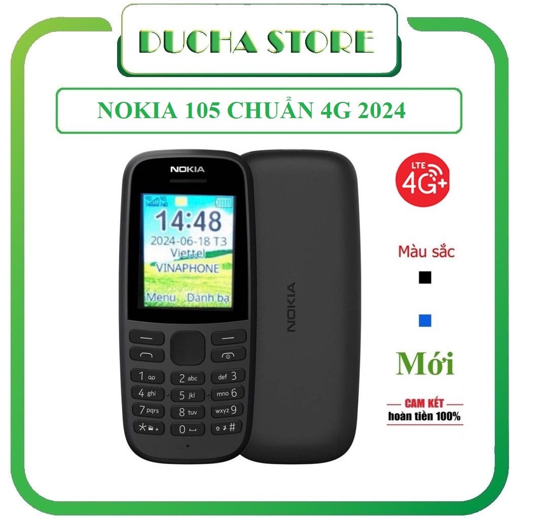 Nokia 105 4g 2024 2 sim mẫu mới nhất, điện thoại nokia có pin sạc mới 100%