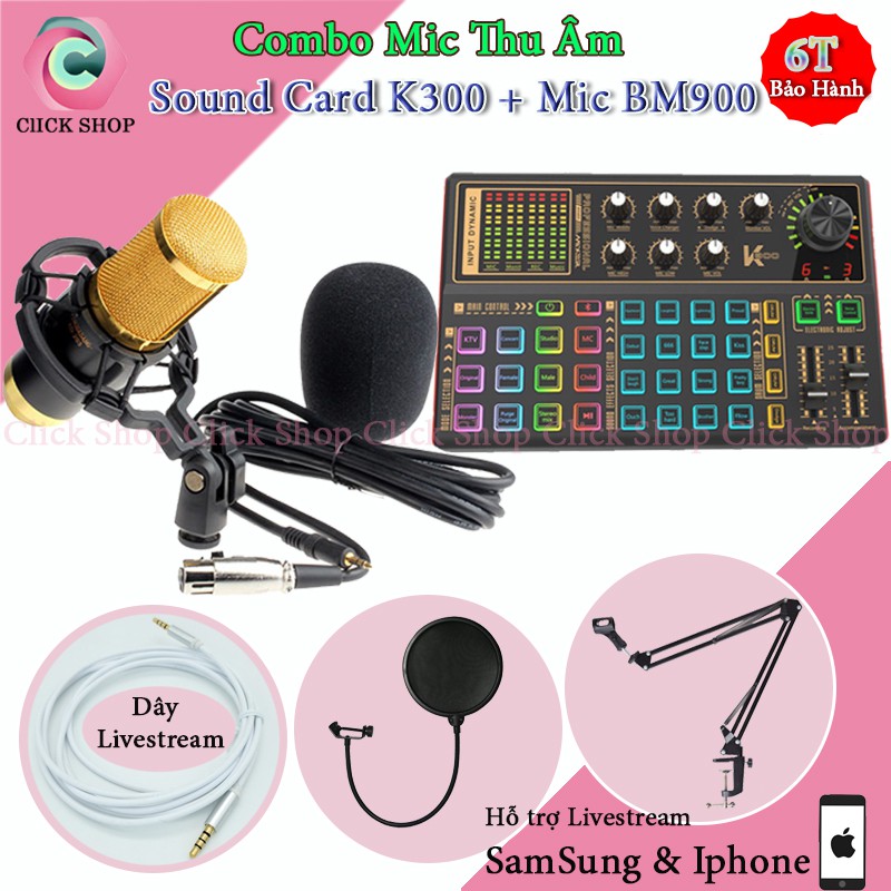 Sound card k300 mic thu âm bm900 chân đế màng lọc và dây livestream chế chọn bộ mic thu âm , livestream