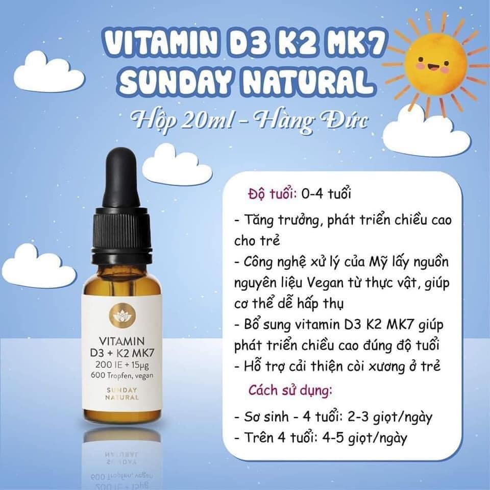 Vitamin D3 cho bé D3 K2 MK7 Đức Sunday Natural 20ml giúp hấp thụ canxi phát triển Chiều Cao tối ưu cho trẻ từ sơ sinh