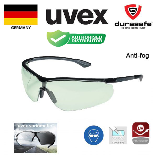 Kính UVEX 9193880 sportstyle safety spectacles sv variomatic black/anthracite, light green (anti-fog, anti-scratch) (có thể đổi màu khi ra nắng), tặng kèm hộp và khăn lau kính