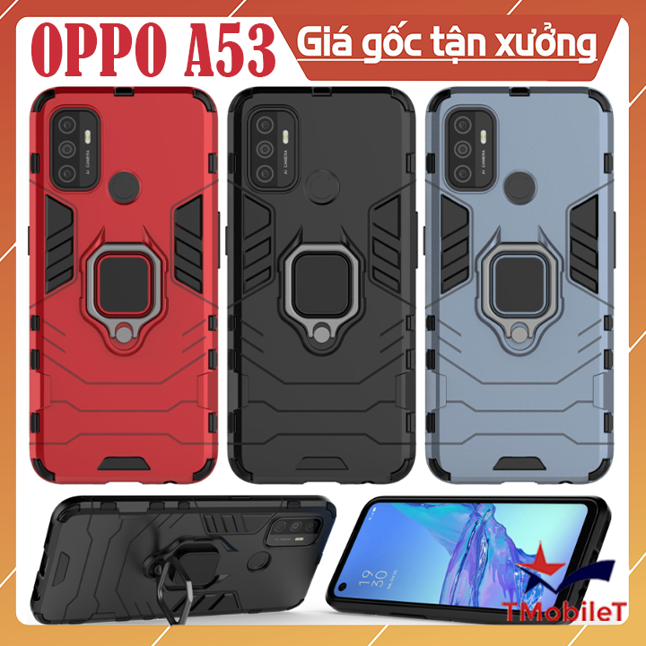 Ốp lưng OPPO A53 chống sốc Iron Man gắn giá đỡ iring hỗ trợ xem video, chống va đập mạnh - Màu Đen