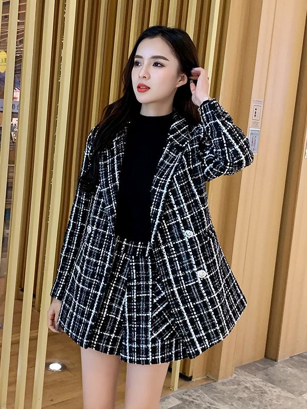Set khoác dạ Tweed kẻ kèm quần Short cao cấp
