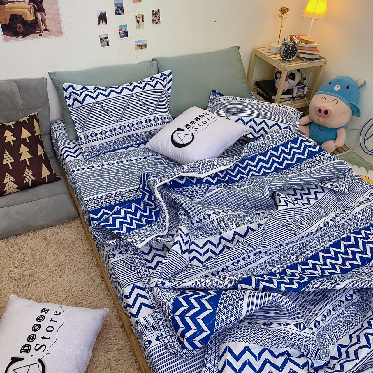 Bộ Chăn Ga Gối Cotton Poly Thổ Cẩm Trắng , Chất Liệu Thoáng Mát
