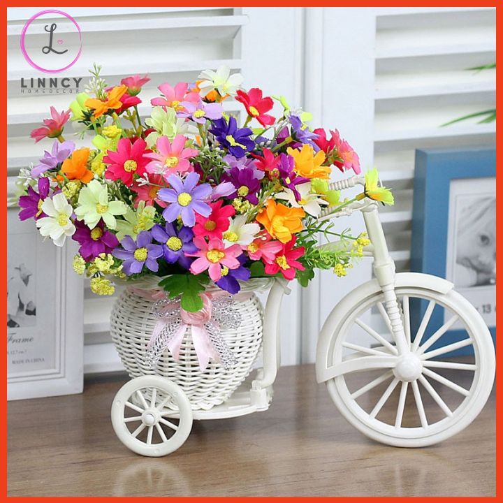Hoa giả, xe đạp kèm giỏ hoa cao 22cm trang trí kệ tủ, bàn học, bàn làm việc, giá sách, làm đạo cụ chụp ảnh