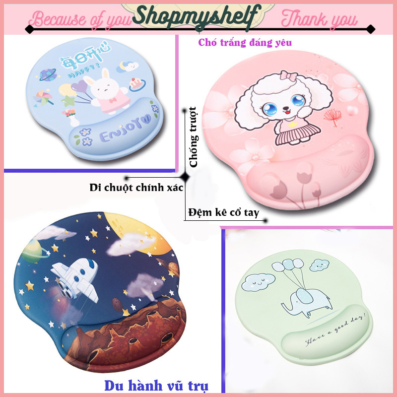 Miếng lót chuột, bàn di chuột tròn có đệm kê cổ tay silicone họa tiết hoạt hình dễ thương