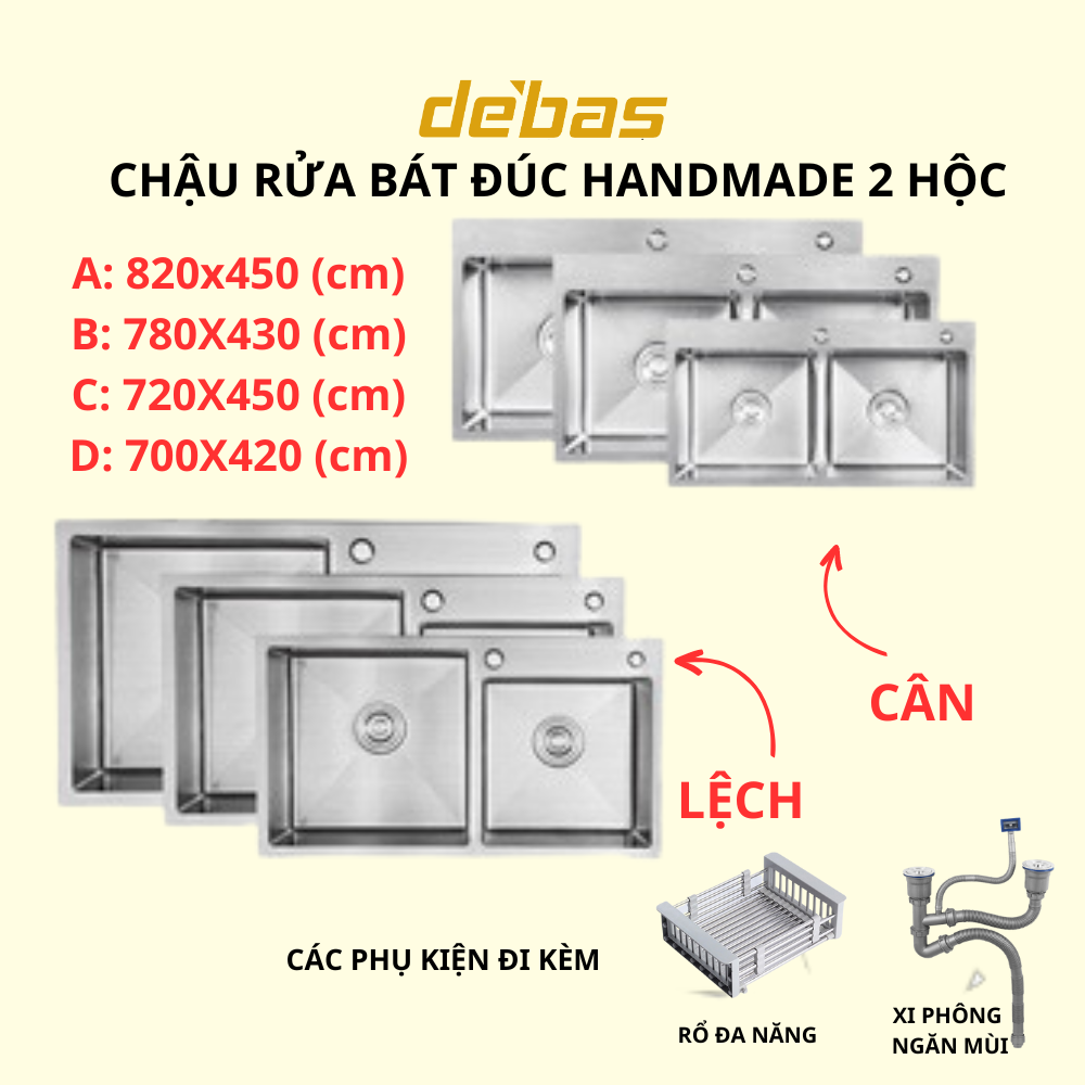 Chậu rửa bát đúc 2 hố lệch cân inox sus304 bồn rửa chén 2 hộc korea debas 8245 7843 7042