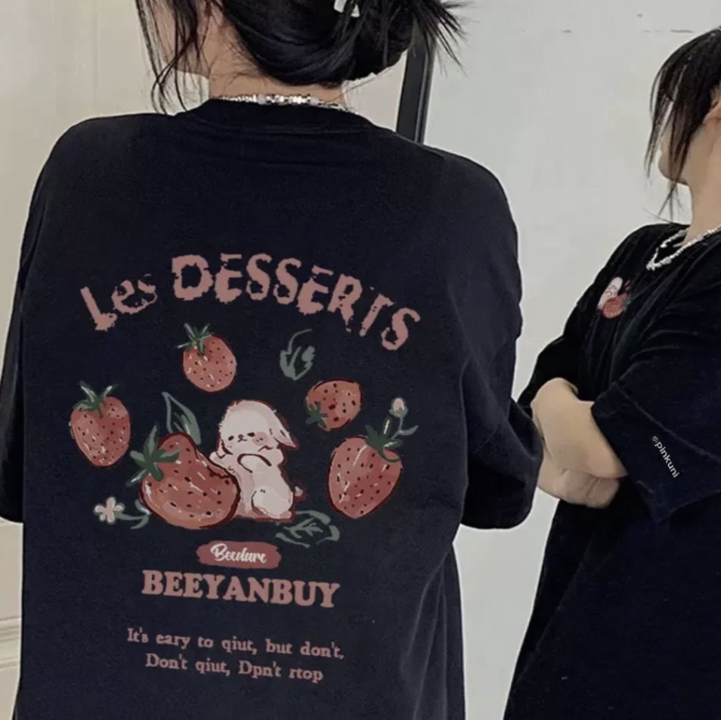  Áo thun phông logo tay nam nữ PINK tay lỡ form rộng THỎ DÂU Unisex 