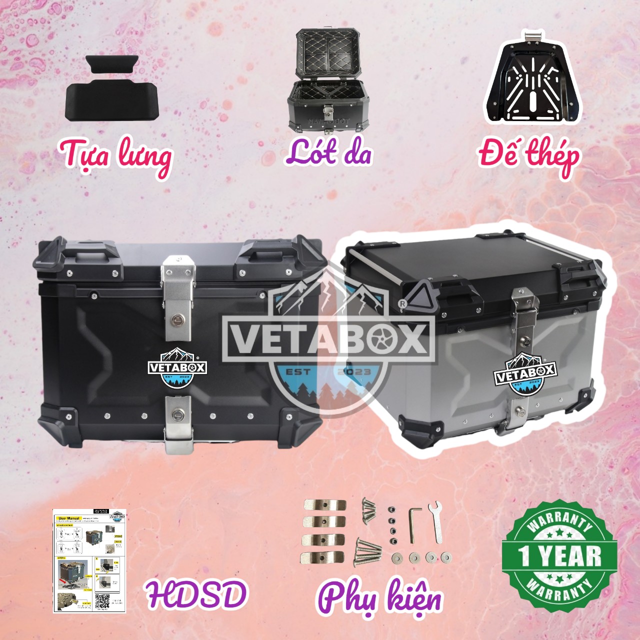 Thùng Nhôm 55L Chính Hãng VetaBox (Chung nhà máy làm thùng Motowolf)