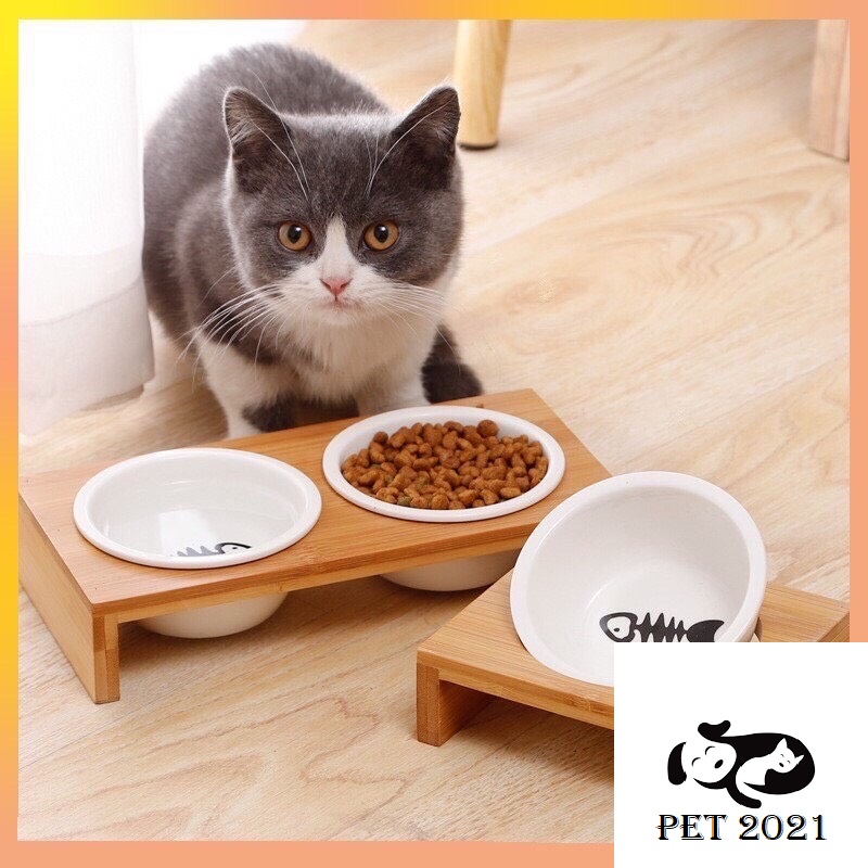 Bát Sứ Đựng Thức ăn Cho Mèo Kèm Đế Gỗ Kê Bát Phong Cách Nhật - PET 2021