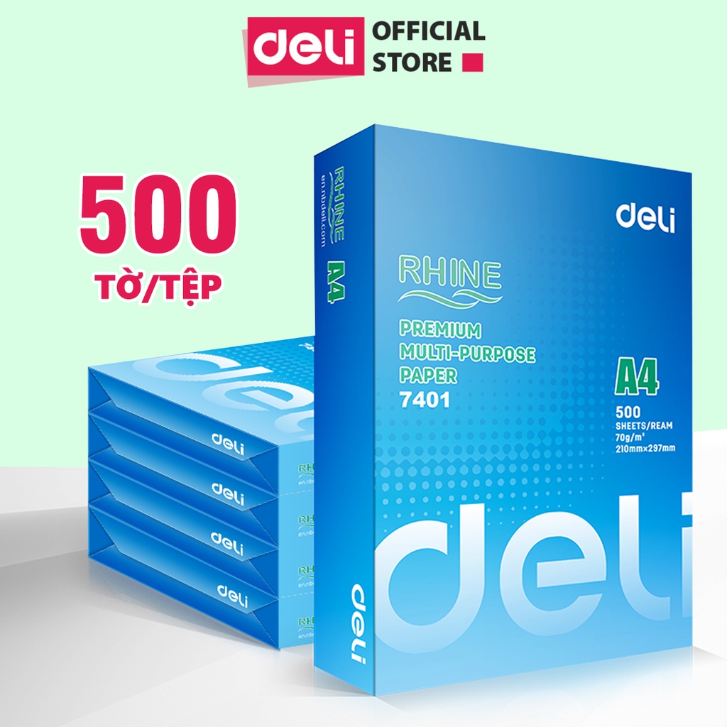 Giấy in a4 cao cấp deli định lượng 70gsm - tệp 500 tờ, thùng 5 ream chống tích điện, chống lóa