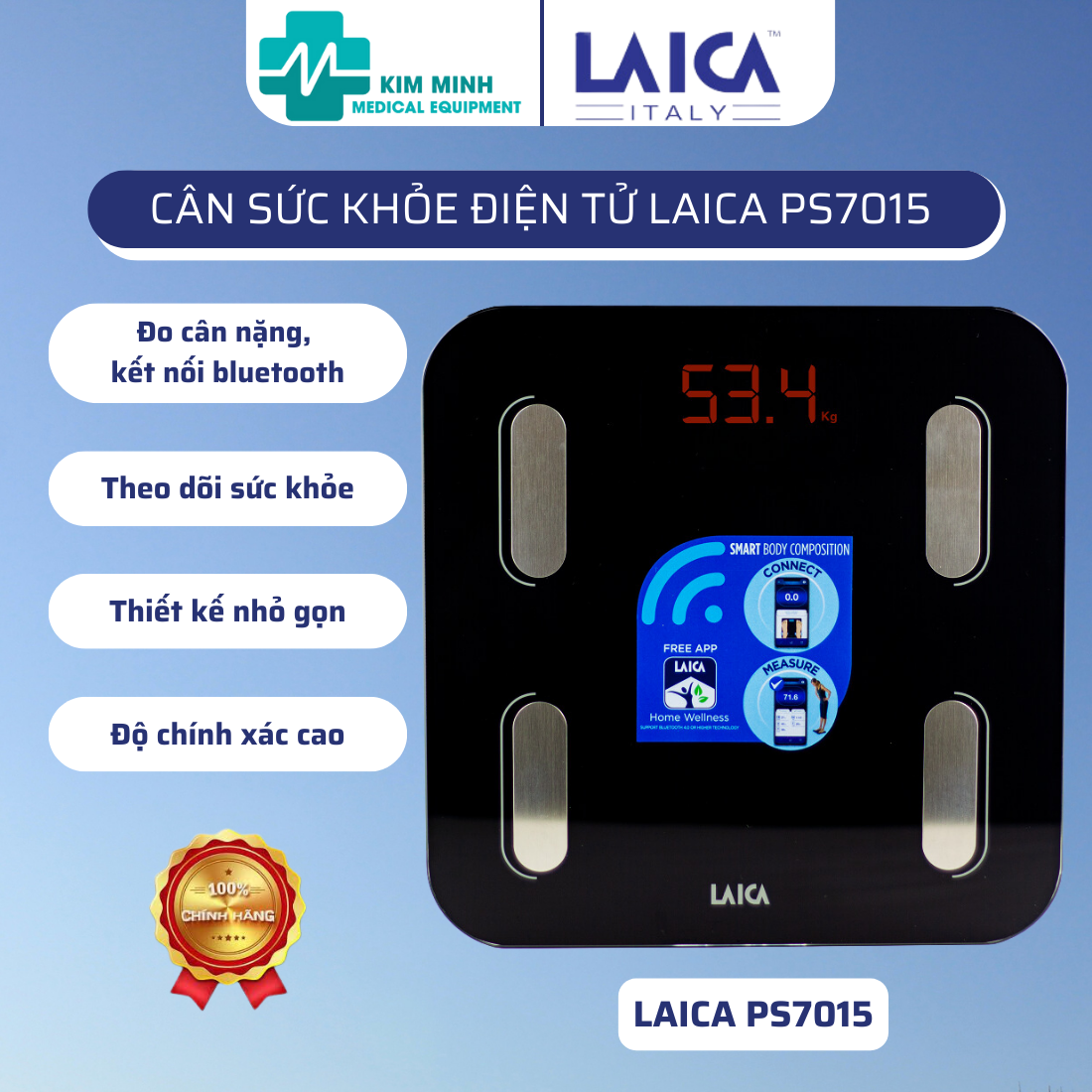Cân sức khỏe điện tử LAICA PS7015, cân điện tử thông minh kết nối bluetooth
