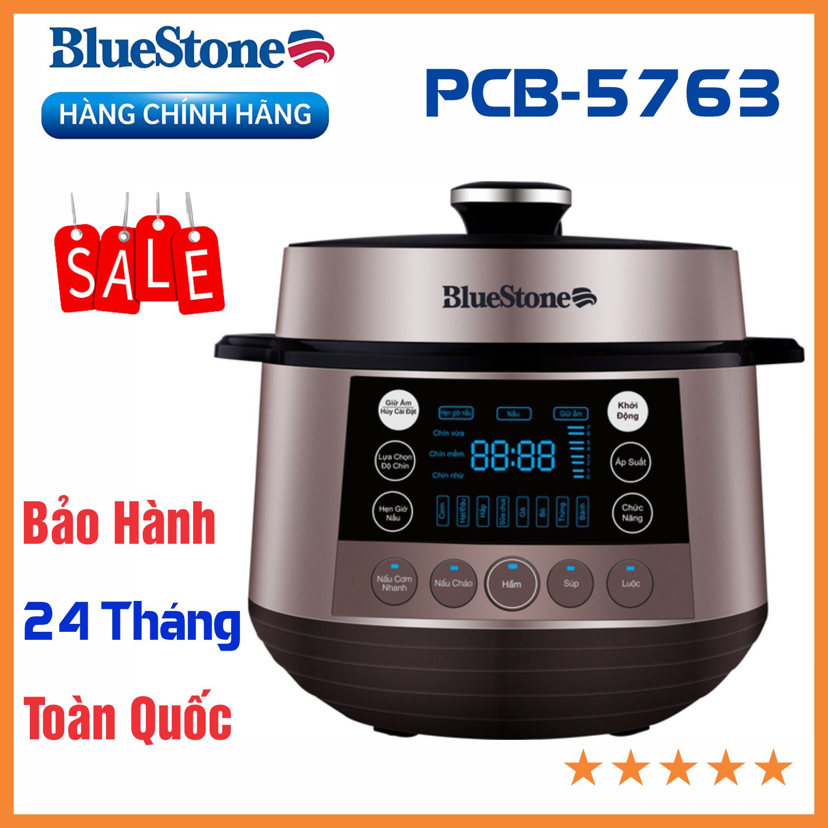 Nồi áp suất điện đa năng Bluestone PCB-5763 5 lít, nồi áp suất 13 chế độ nấu hầm xương kho cá 5l công suất 1100w, phủ lớp chống dính dày dặn, bền, bóng đẹp