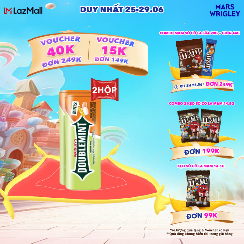 [25-29.06 - Voucher Doublemint 15% Đơn 10K] Combo 2 hộp viên ngậm không đường Doublemint hương cam 35 viên