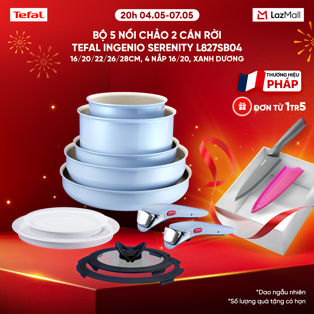 Bộ 5 nồi chảo 2 cán rời Tefal Ingenio Serenity L827SB04, 16/20/22/26/28cm, 4 nắp 16/20, xanh dương pastel
