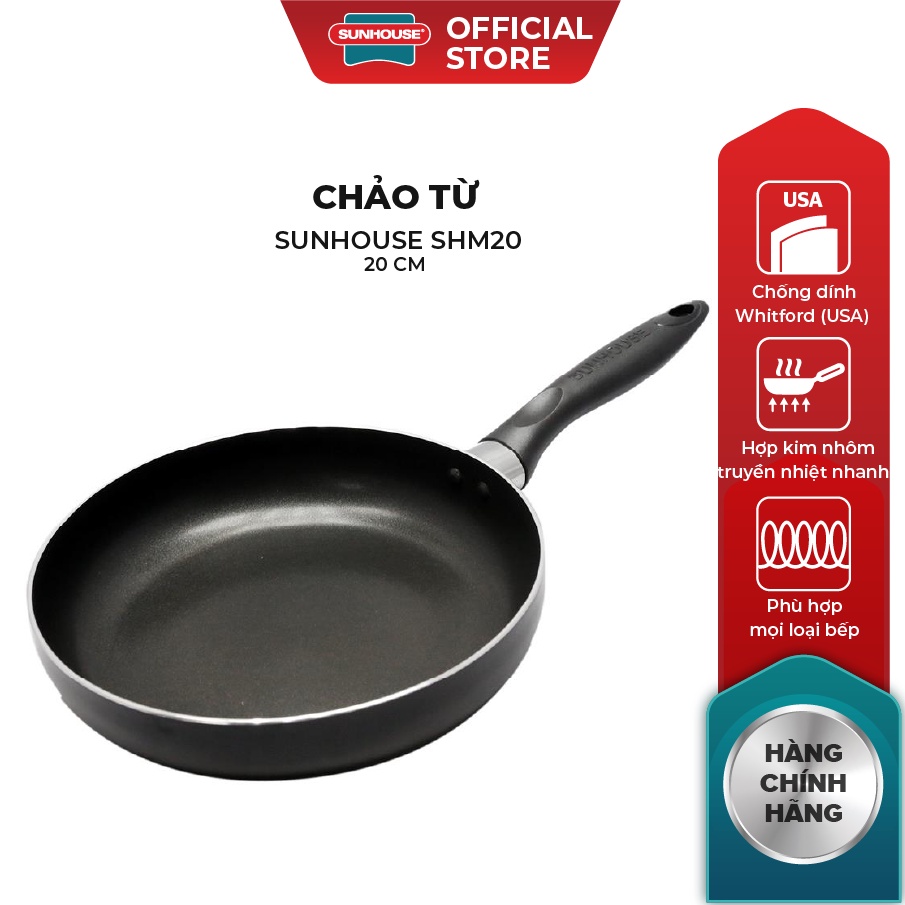 Chảo chống dính bếp từ sunhouse 20cm đáy từ dày 2.1mm phủ chống dính whitford siêu bền
