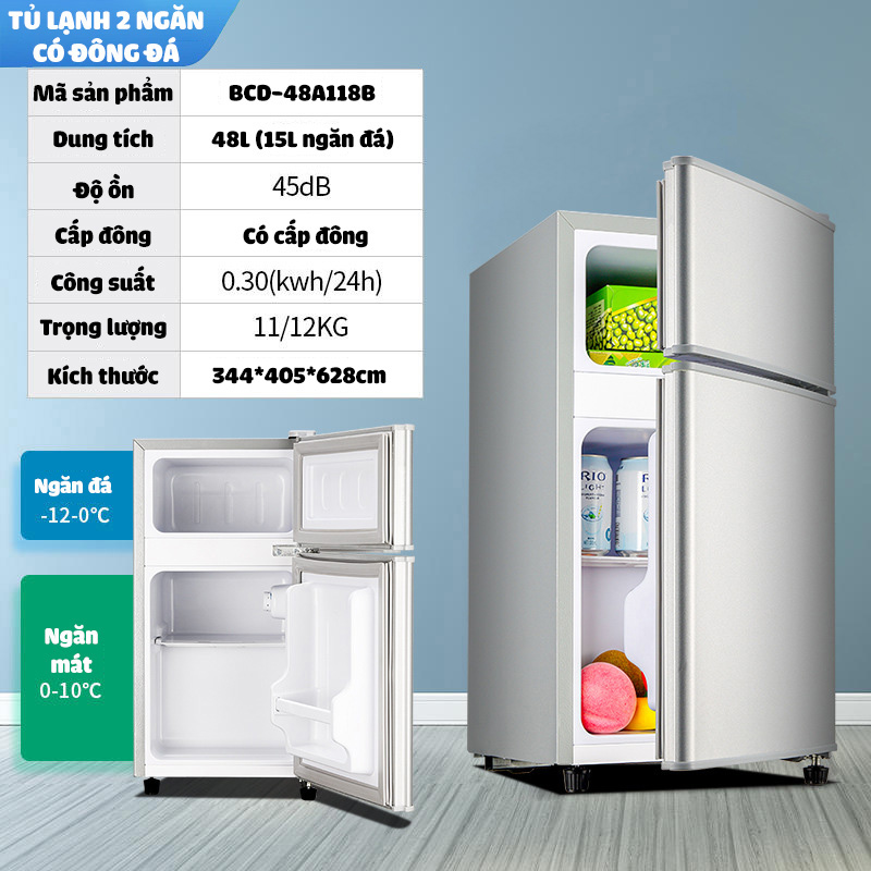 Tủ lạnh mini 48 lít 2 cánh có tích hợp ngăn đá riêng biệt tiện lợi để đồ ăn thức uống mĩ phẩm, thích