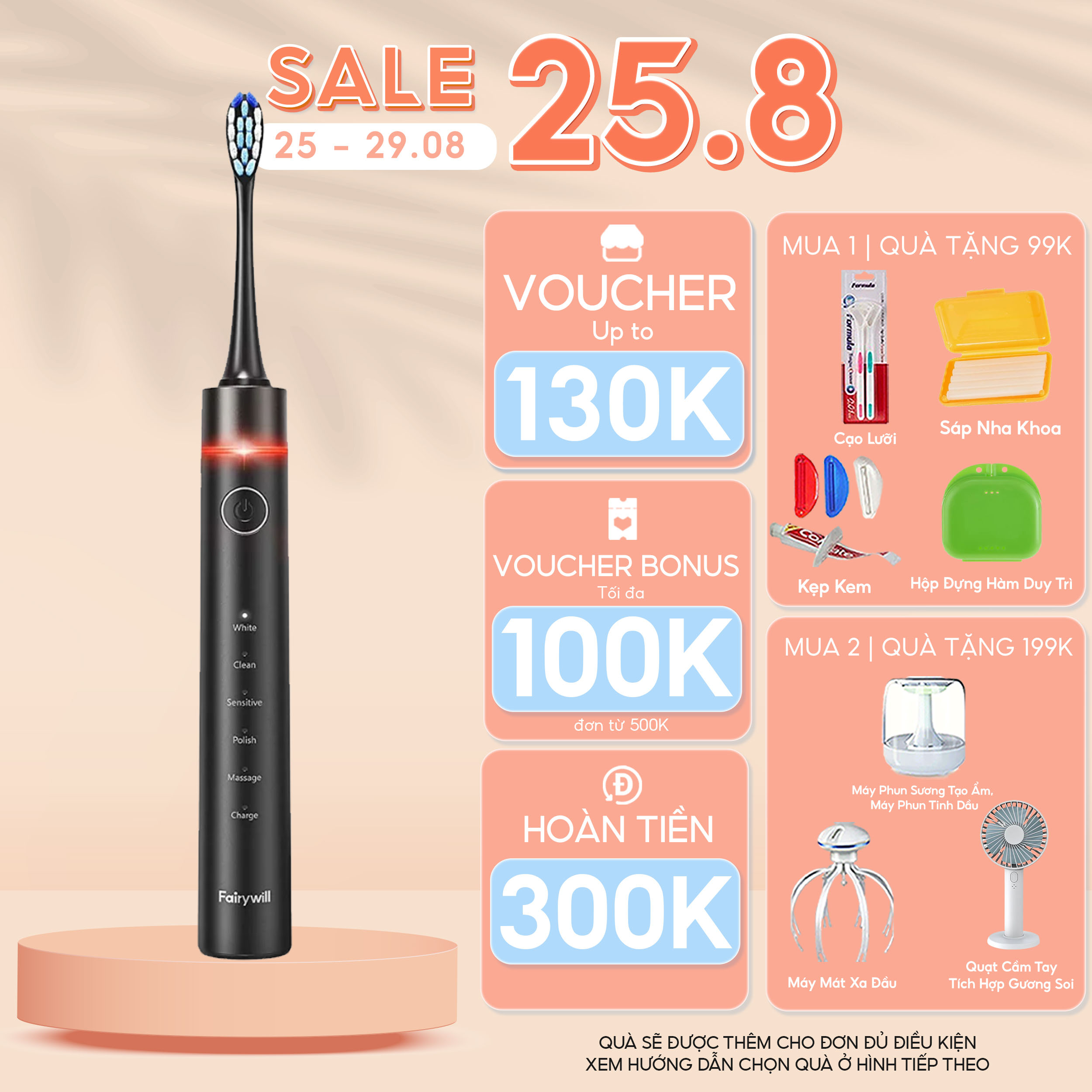 Bàn chải đánh răng điện Fairywill P80, với công nghệ cảm biến áp lực, tặng kèm 8 đầu bàn chải