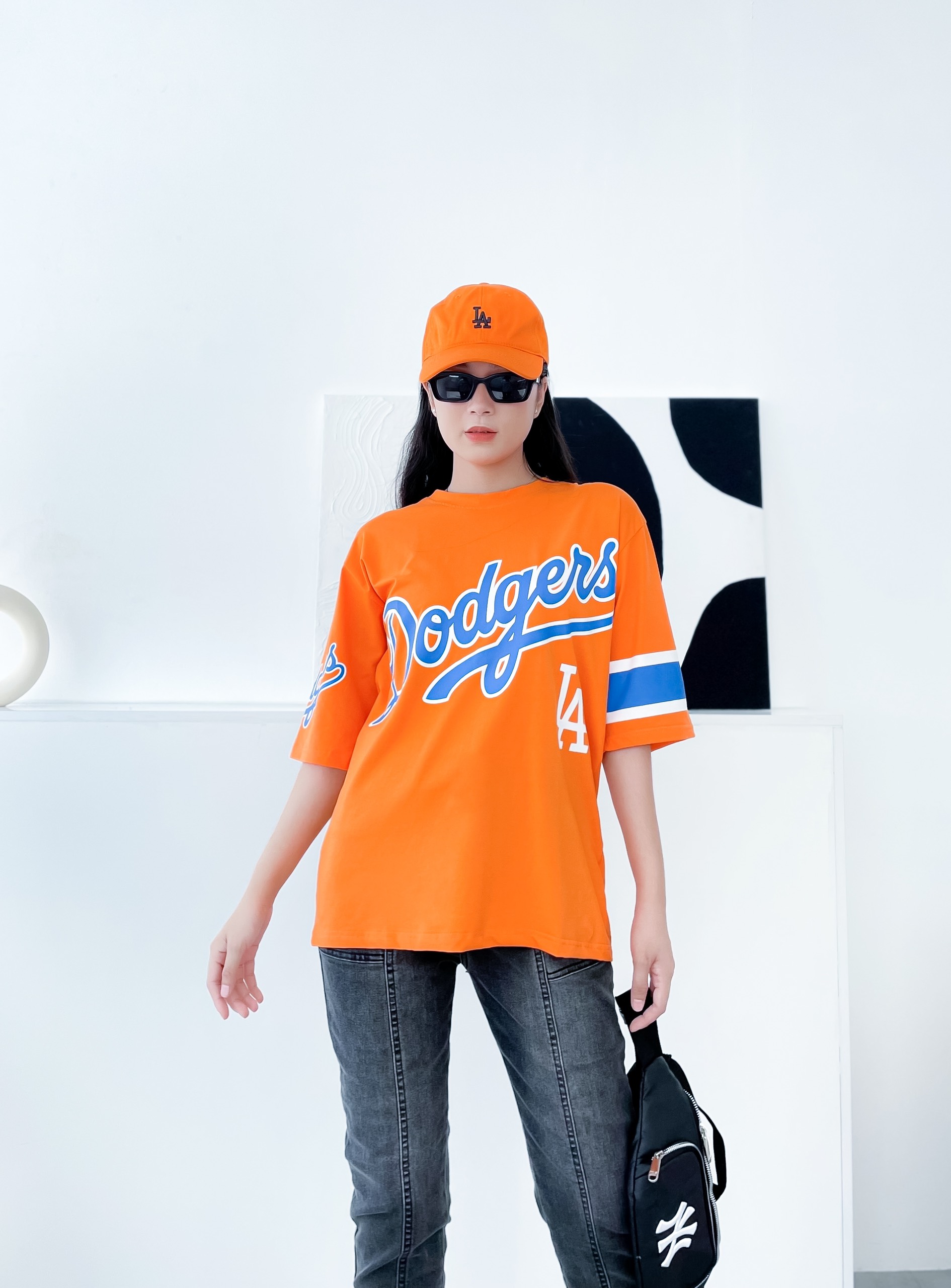 Áo thun áo phông oversize mlb cam chữ xanh oversize - cotton 100% 4c form châu âu