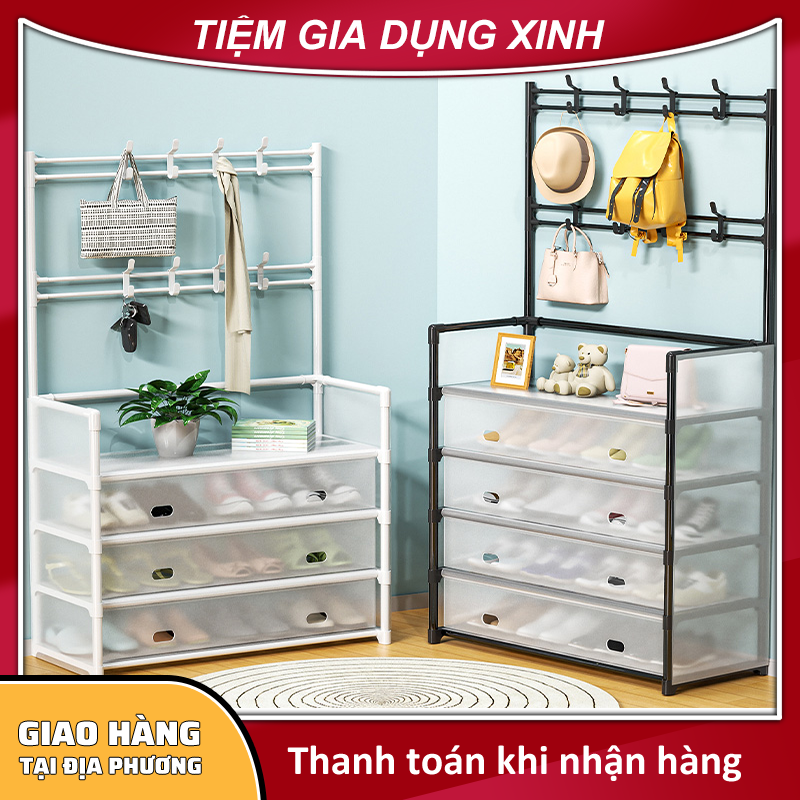 Kệ 4 tầng 5 tầng để giày dép thông minh kết hợp móc treo quần áo và vật dụng khác đa năng tiện lợi