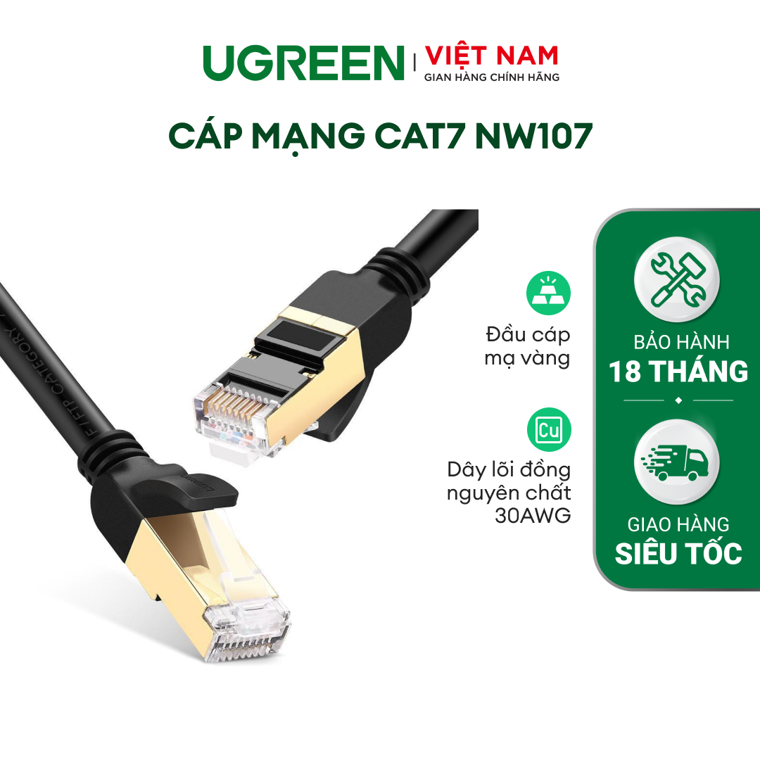 Cáp mạng CAT7 STP UGREEN NW107/ NW149 | Dạng dây tròn dài từ 0.5-25M | 2 đầu đúc bọc hợp kim | - Hàng phân phối chính hãng - Bảo hành 18 tháng
