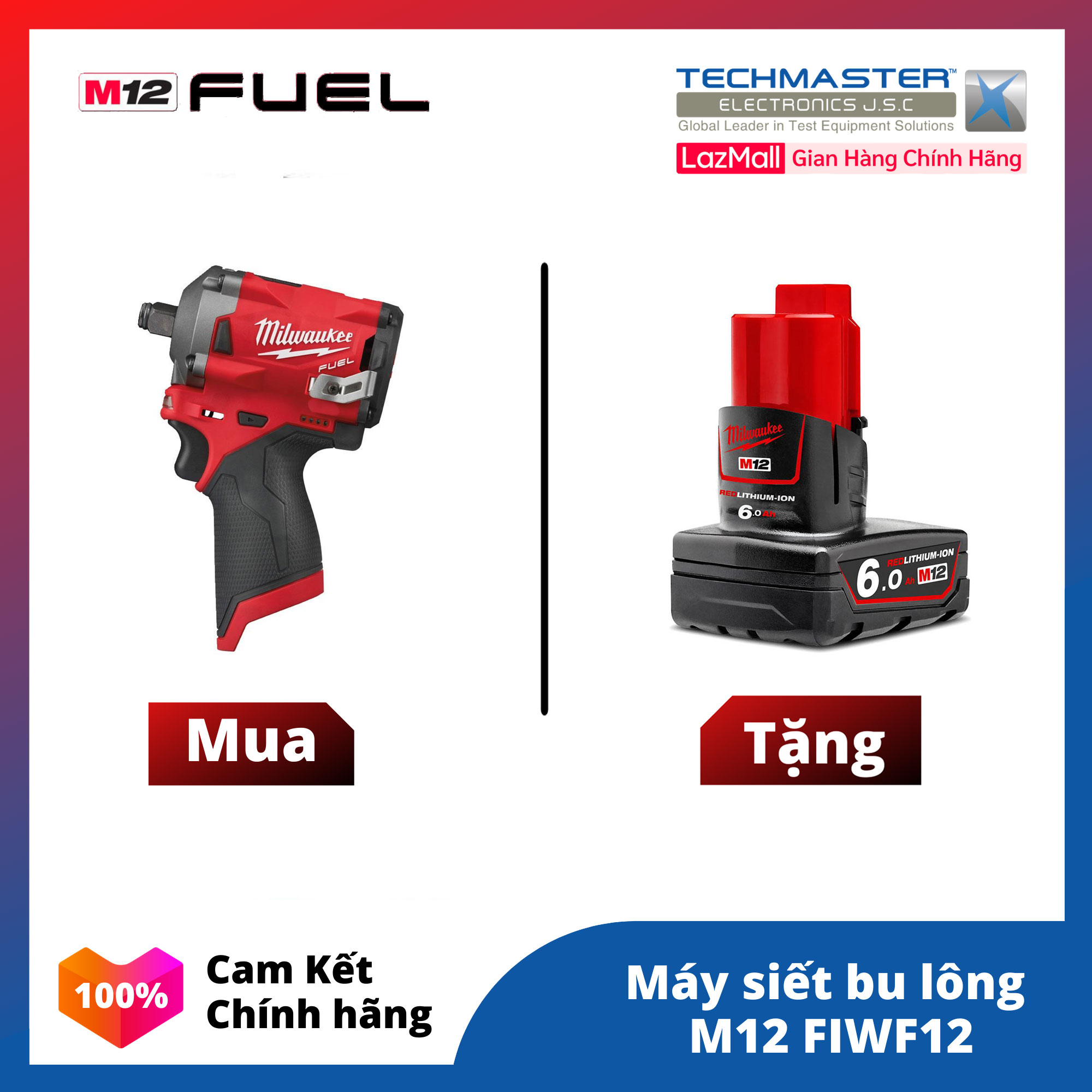 Máy siết bu lông milwaukee m12 fiwf12-0c + tặng kèm pin 12v 6.0ah - m12b6