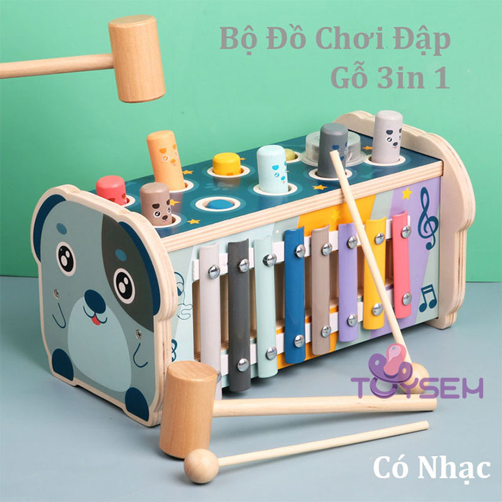 Đồ chơi bằng gỗ 3in 1 lấy búa đập đầu kèm đàn gõ phát nhạc - Đồ chơi dành cho trẻ em thông minh xếp số mê cung cho bé từ 3 tuổi - Quà tặng sinh nhật cho bé trai bé gái