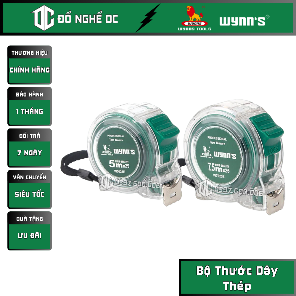 Bộ thước dây thép, thước cuộn thép có khoá chốt 5m x 25mm 7.5m x 25mm w5025e w7025e wynn's vỏ nhựa abs, thước đo bằng thép cao cấp