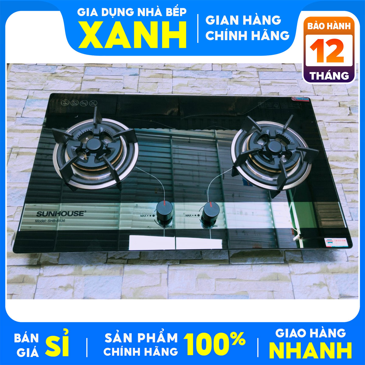 Bếp gas âm đôi Sunhouse SHB8836 Hàng trưng bày Mới 99% +Tặng Dây gas-đánh lửa IC-ngắt gas tự động-đầu hâm tiện lợi-Đầu đốt được thiết kế với 3 vòng lửa tiết kiệm gas