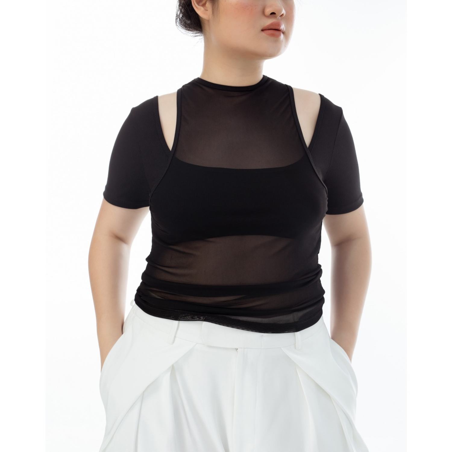 Áo kiểu nữ bigsize áo lưới ngắn tay thun lưới co dãn kèm áo bra phong cách sexy, lôi cuốn màu đen (đủ size to 55-90kg