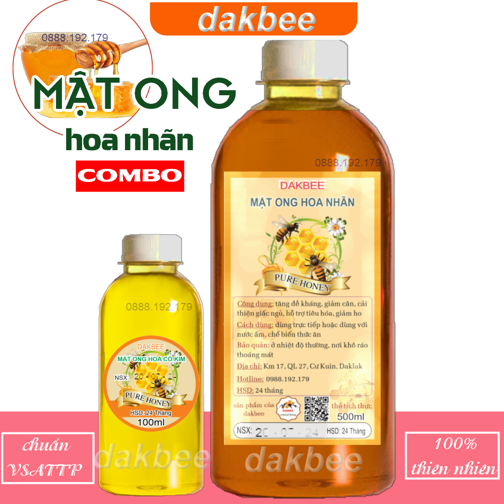 [COMBO] 650g Mật ong hoa nhãn & 170g Mật ong rừng hoa cỏ kim nguyên chất - tăng cường hệ miễn dịch, ngăn ngừa dịch bệnh - dakbee