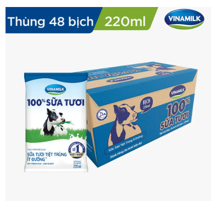 Thùng Sữa tươi tiệt trùng ít đường Vinamilk 100% Sữa tươi - 220ml x 48 Bịch