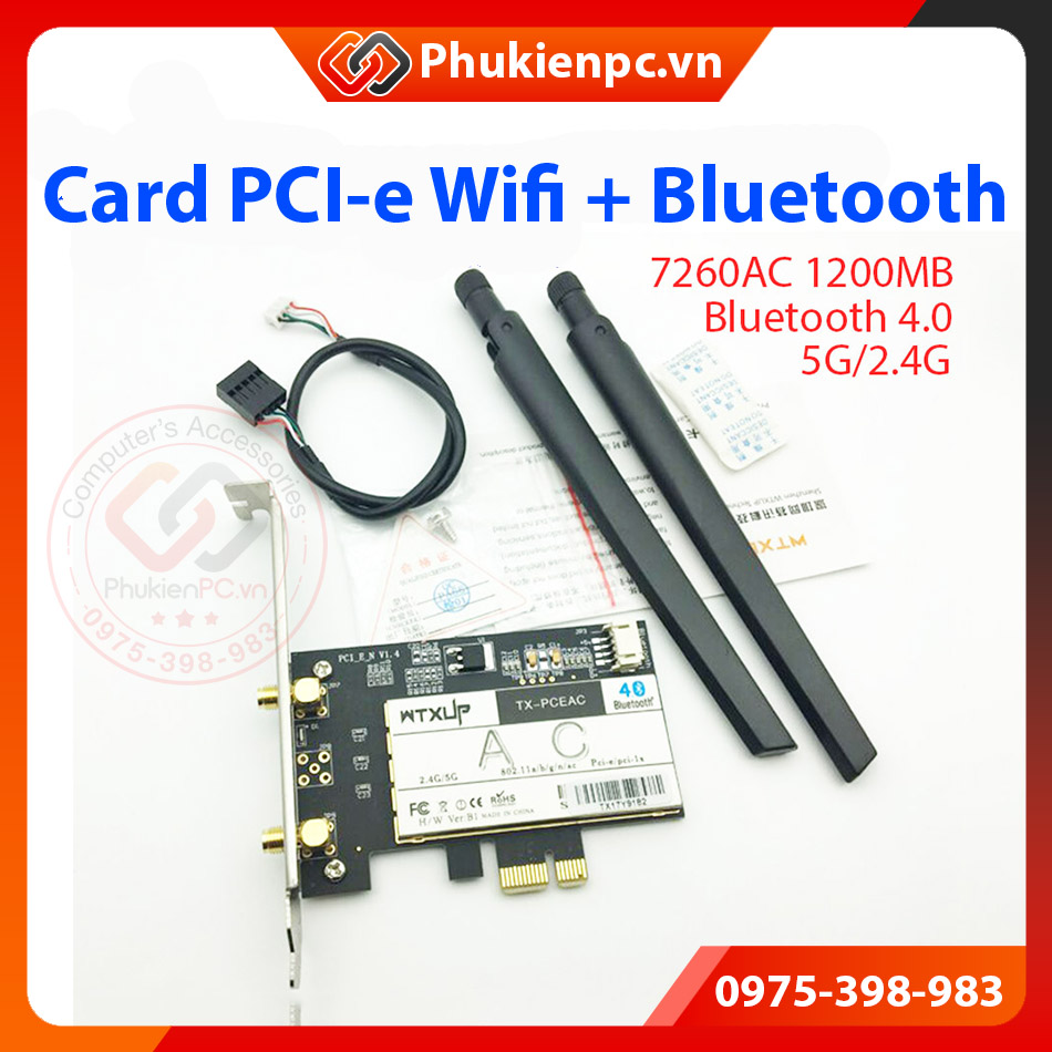 Card PCIE thu wifi, Bluetooth 4.0 5G, 2.4G Dual Band AC7260. Sử dụng thu wifi internet cho máy tính 