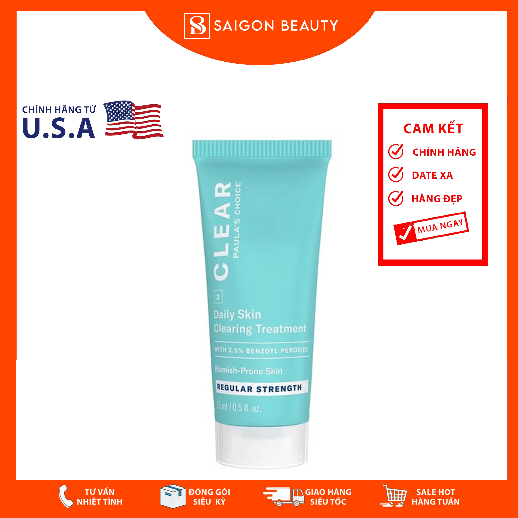 Chấm mụn Clear Regular Strength Daily Clearing Treatment With 2.5% Benzoyl Peroxide Paula's Choice (15mL)