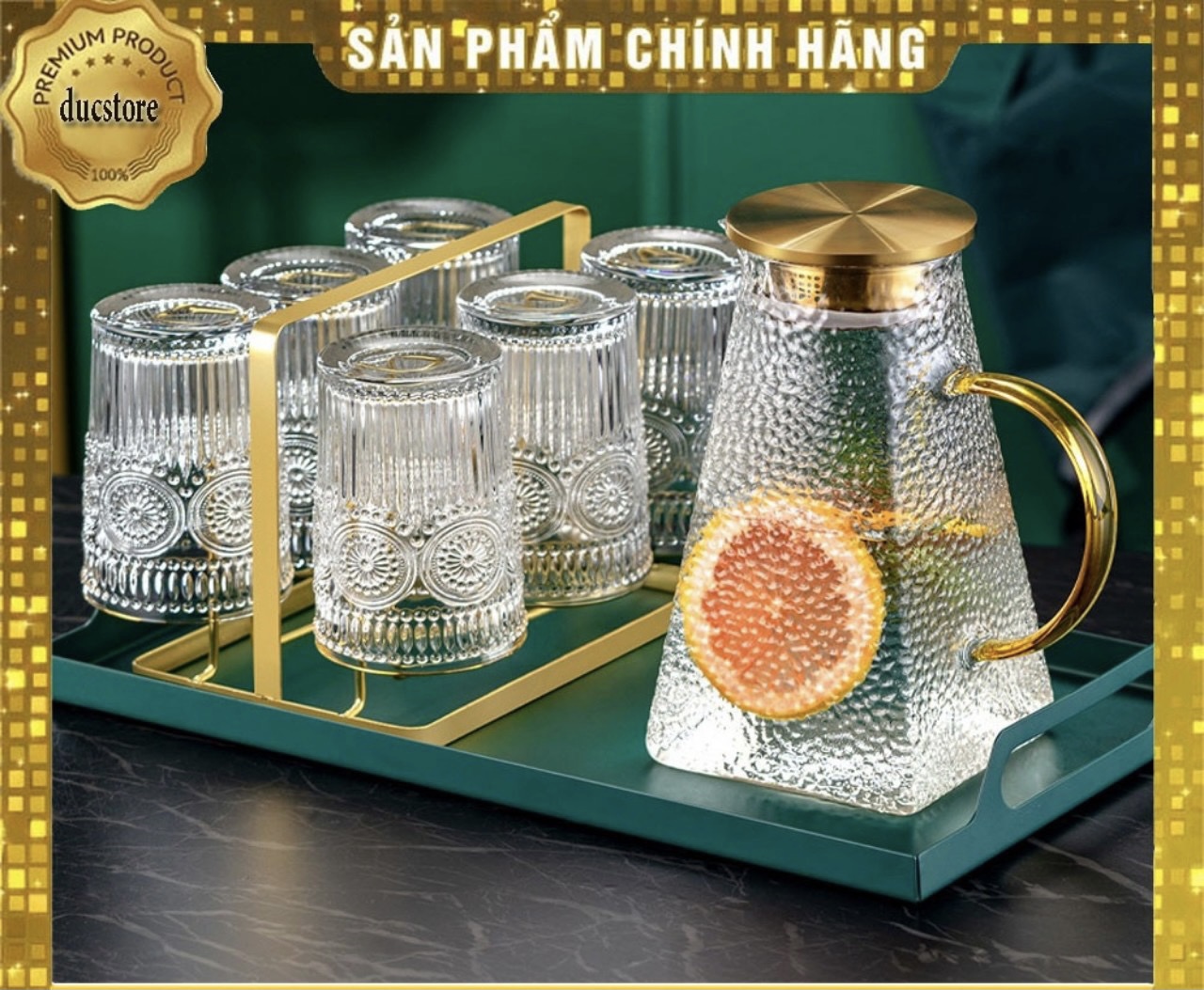 Bộ bình cốc thủy tinh chịu nhiệt viền vàng cao cấp