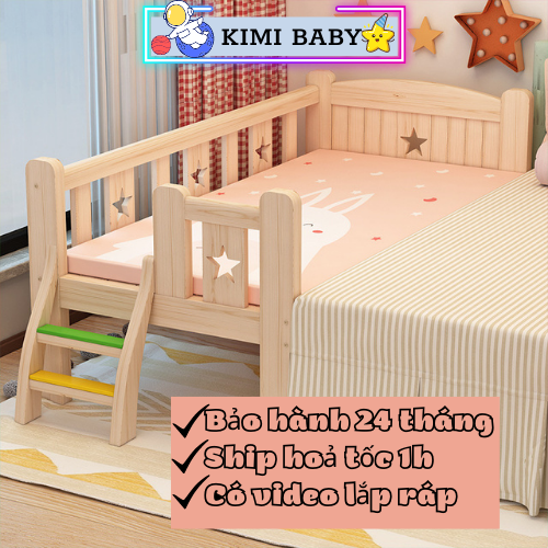 Giường cho bé ghép với giường bố mẹ kích thước 150x70x40cm có cầu thang lên xuống an toàn,gỗ thông chắc chắn, Giường cho bé kèm ĐỆM-KIMIBABY