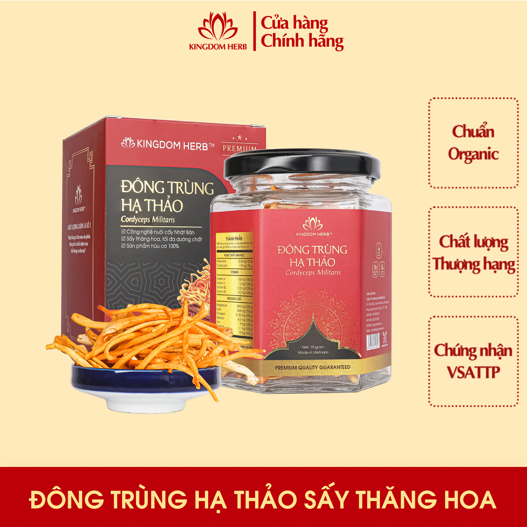 Nấm đông trùng hạ thảo Kingdom Herb chính hãng hộp 10g, đông trùng hạ thảo sấy thăng hoa thượng hạng