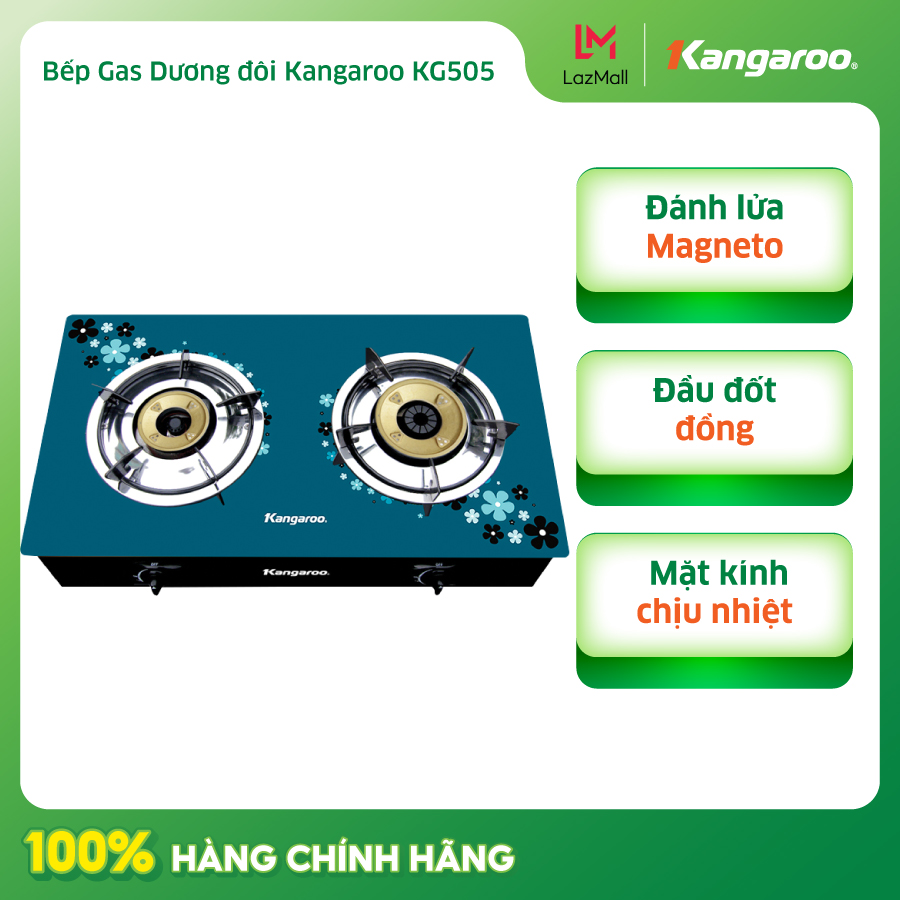 Bếp gas dương đôi Kangaroo KG505 - Mặt kính chịu lực - Hệ thống đánh lửa Magneto - Hàng chính hãng