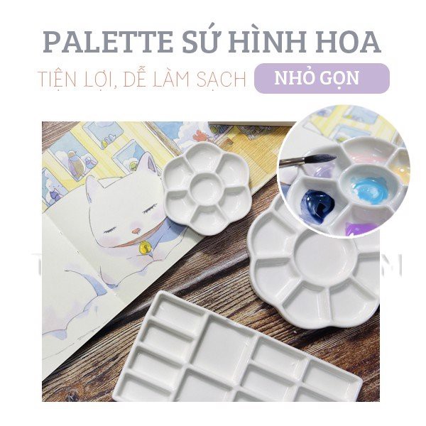 Palette khay sứ pha màu hình hoa