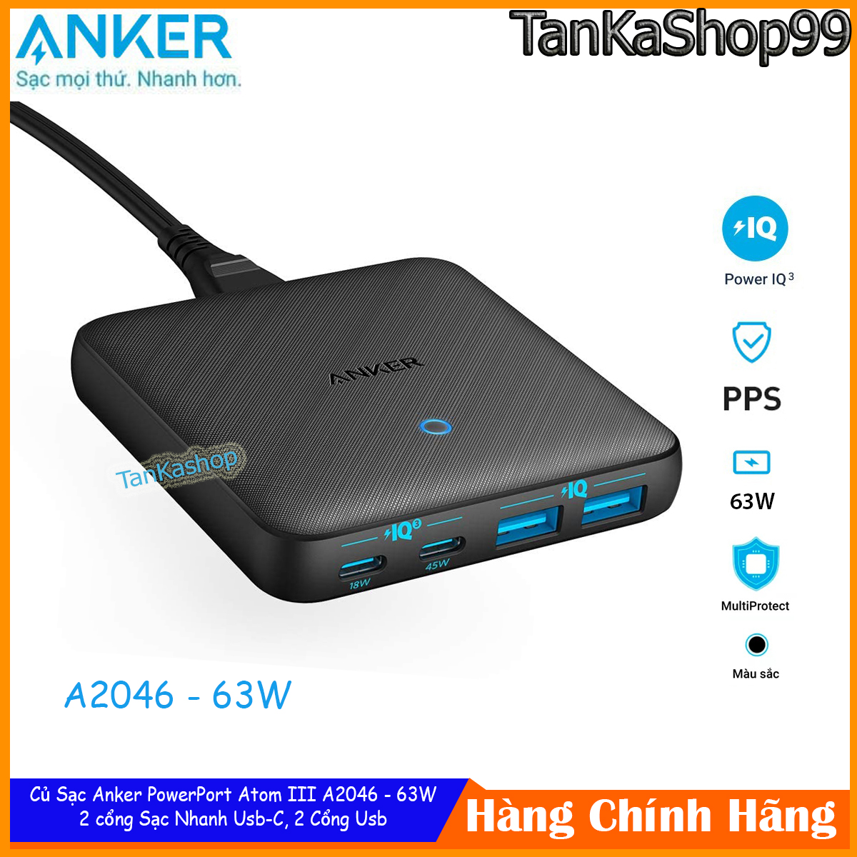 Củ sạc anker powerport atom iii slim 63w a2046 , 2 cổng sạc nhanh usb-c ,2 cổng usb-a