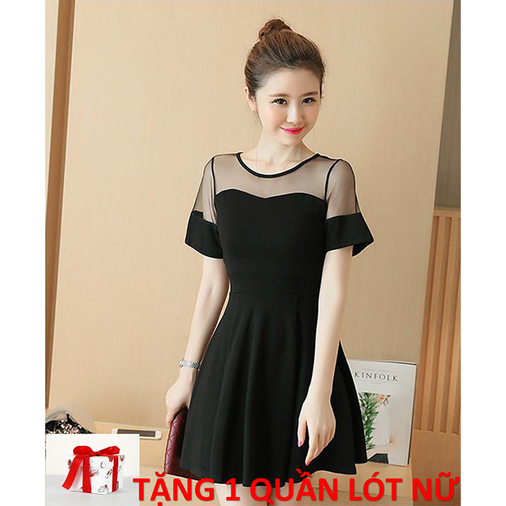 Đầm Xòe Phối Lưới Duyên Dáng, Màu Đỏ, Đen, TẶNG QUẦN LÓT NỮ, Đầm Giá Rẻ Xinh Xoắn