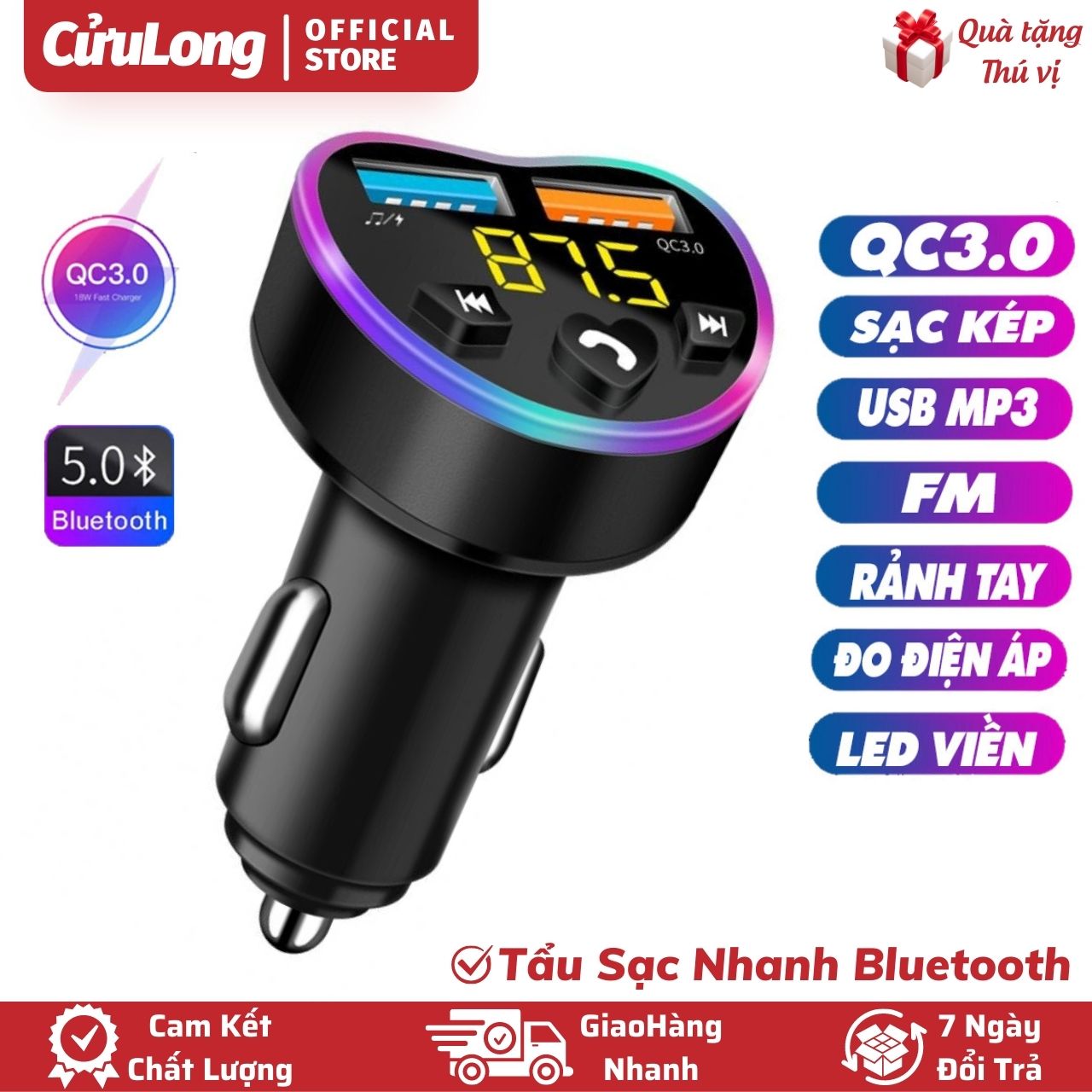 Tẩu Sạc Bluetooth 5.0 MP3 Đa Năng, Sạc Nhanh Xe Hơi QC 3.0 Nghe Nhạc FM gọi rảnh tay, sạc pin diện thoại đèn led đo điện áp ô tô