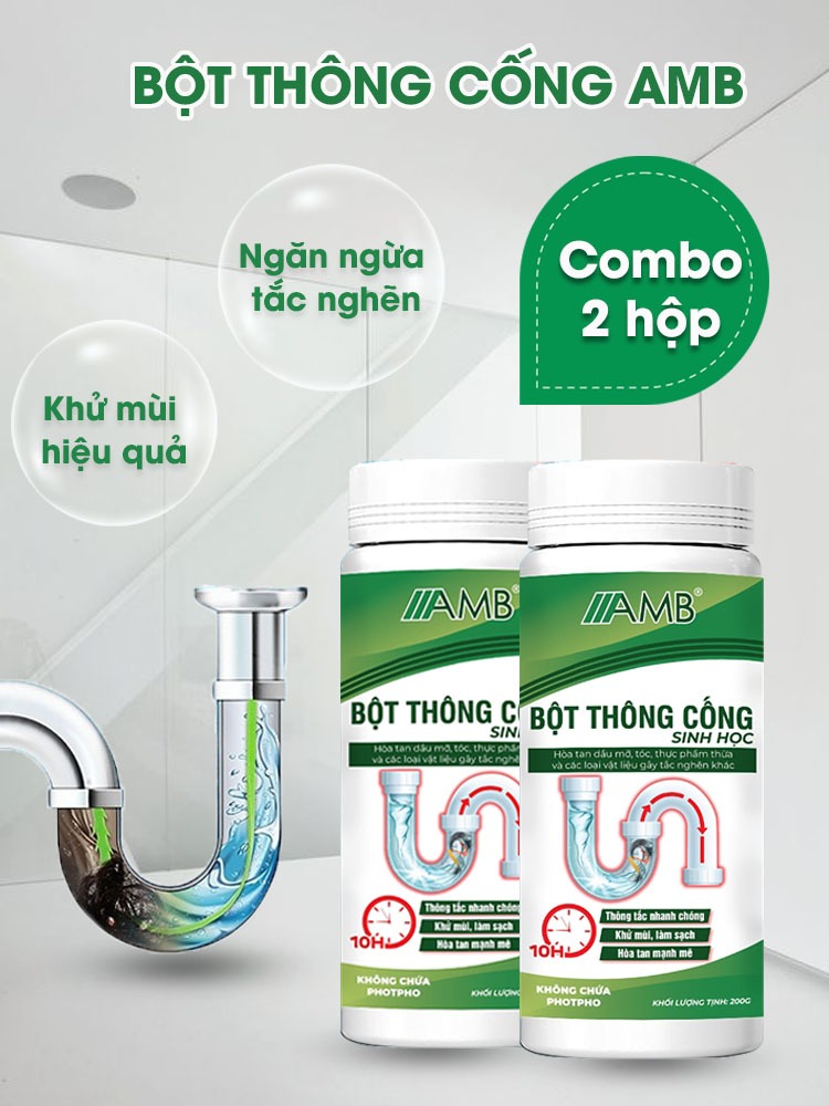 Combo 2 lọ bột thông cống AMB, bột thông bồn cầu, bồn rửa bát, tắc cống siêu mạnh, hiệu quả an toàn