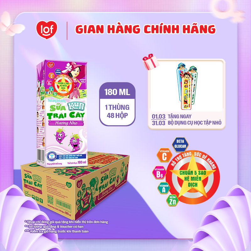 Sữa trái cây KUN vị nho thùng 48 hộp x 180ml