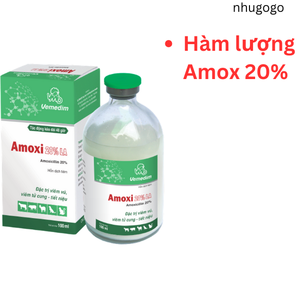 Amoxi 20% LA 100ml hàm lượng 20% các vấn đề nhiễm trùng của vật nuôi