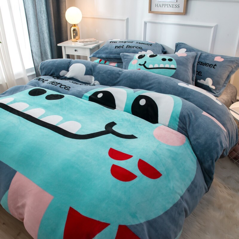 BỘ CHĂN GA GỐI NỈ NHUNG 5d CAO CẤP HÌNH KHỦNG LONG RĂNG XANH , THỎ bedding