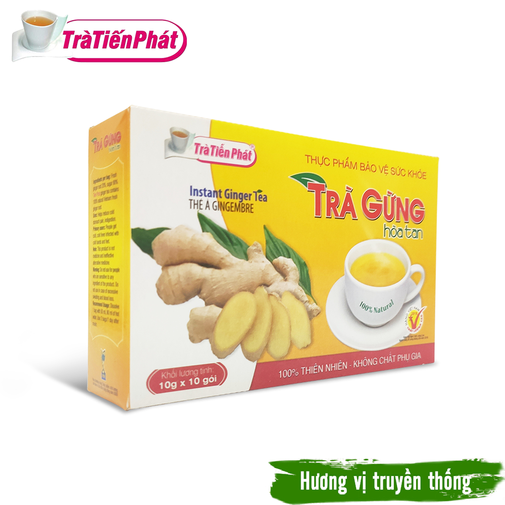Trà Gừng Hòa Tan 100g (10 Gói x 10g) Giúp Giảm Đau Bụng Do Lạnh, Nhiễm Lạnh Tay Chân - Trà Tiến Phát