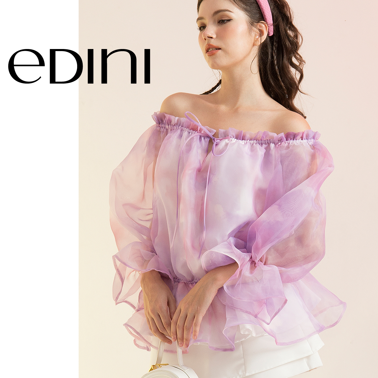 Áo organza trễ vai tay dài dễ thương - edini - a1587