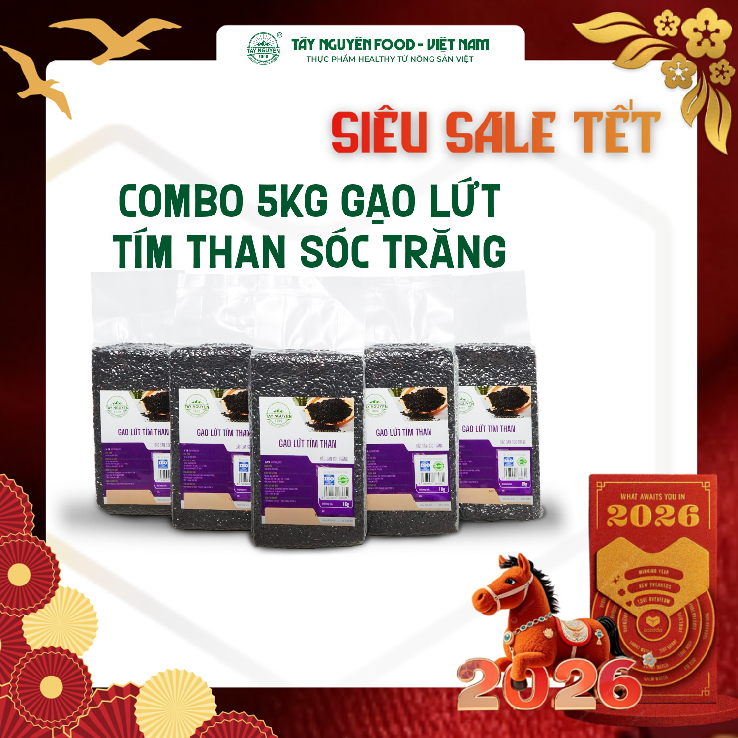 Combo 5Kg Gạo Lứt Tím Than Sóc Trăng Healthy Eatclean Tây Nguyên Food - Việt Nam