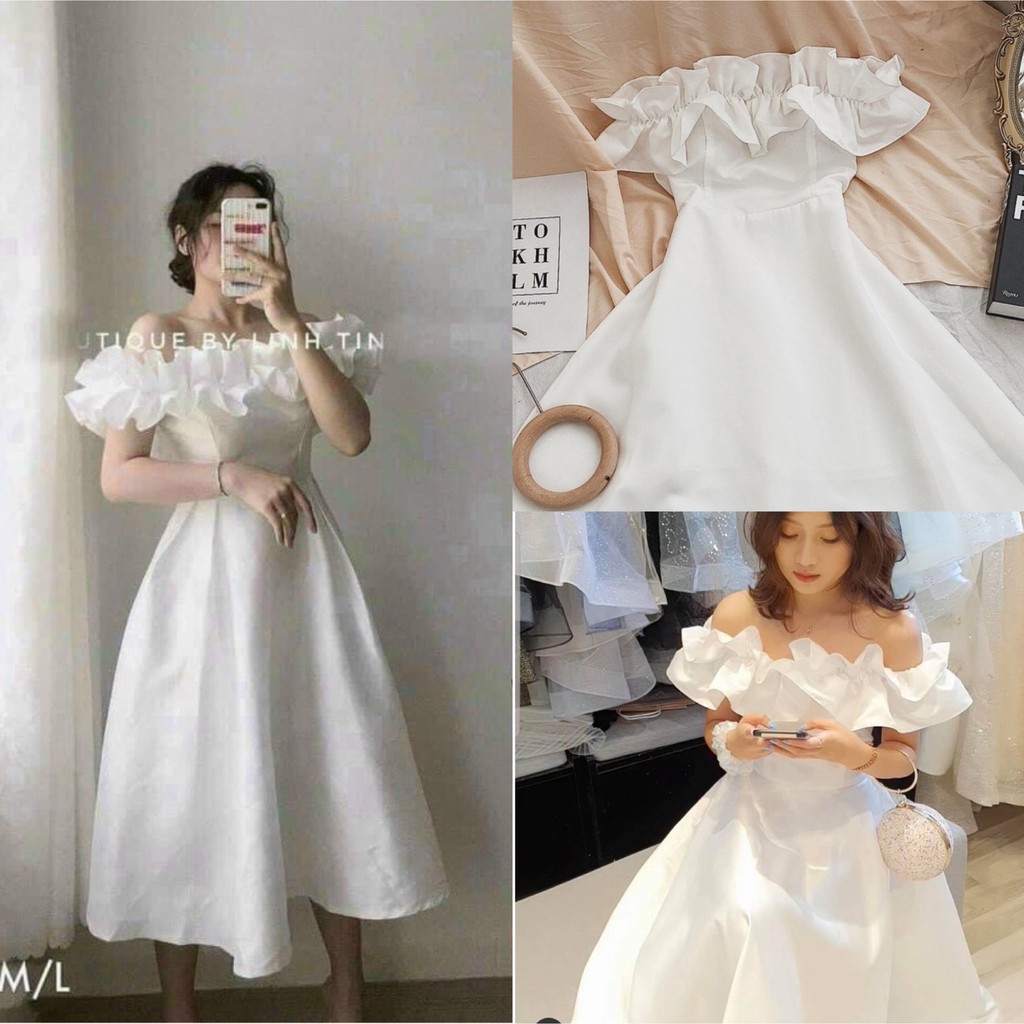 Đầm trắng công chúa trê vai bèo ngực đi cưới, đi tiệc
